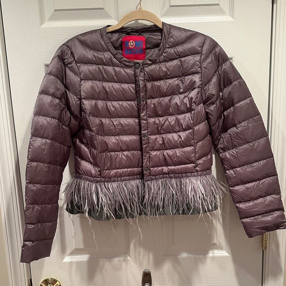 Feather-Trimmed Quilted Jacket in Gray